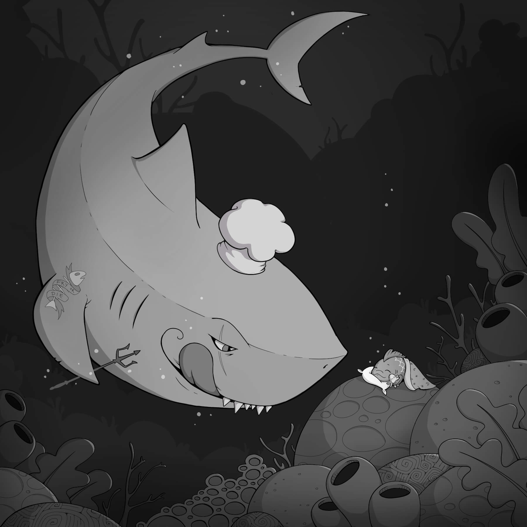 Illustration: An evil-looking chef shark has slotted a tasty fish snuggled in for bedtime.