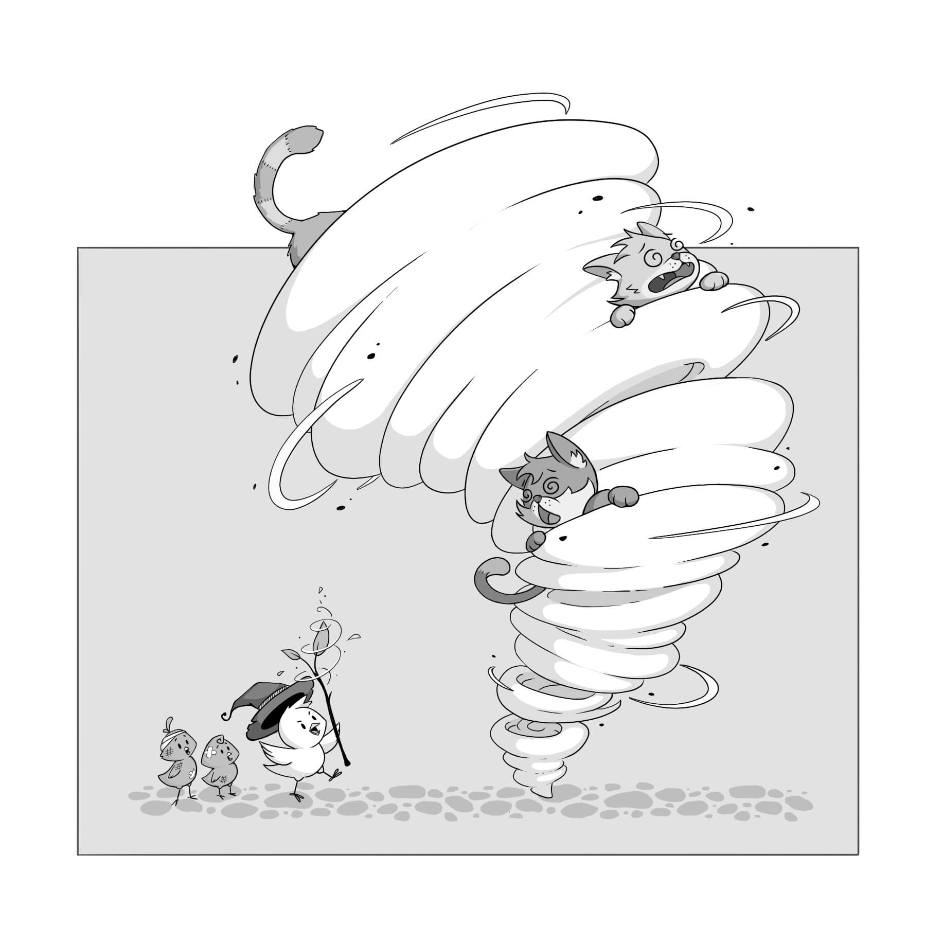 Illustration: A bird with a magic staff has captured 3 bully cats in a small tornado.